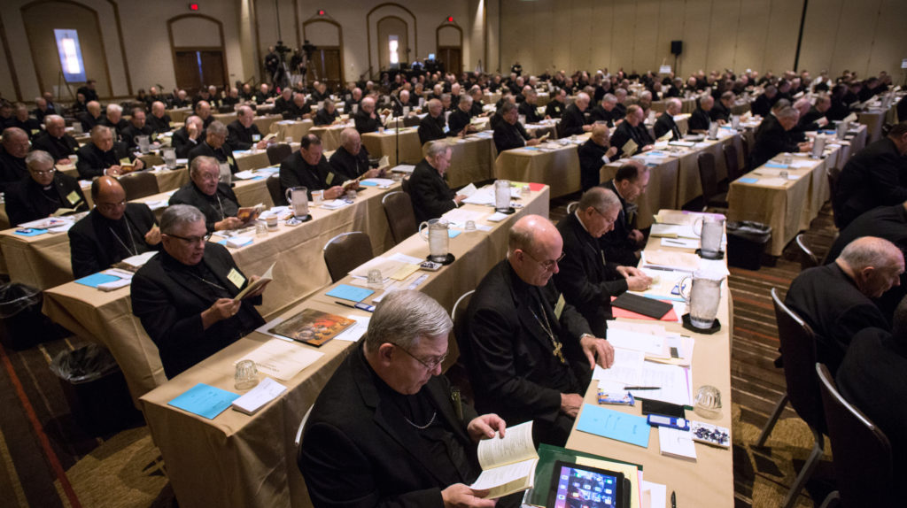 Bishops read material June 11 during the spring general assembly of the U.S. Conference of Catholic Bishops in St. Louis. (CNS photo/Lisa Johnston, St. Louis Review)