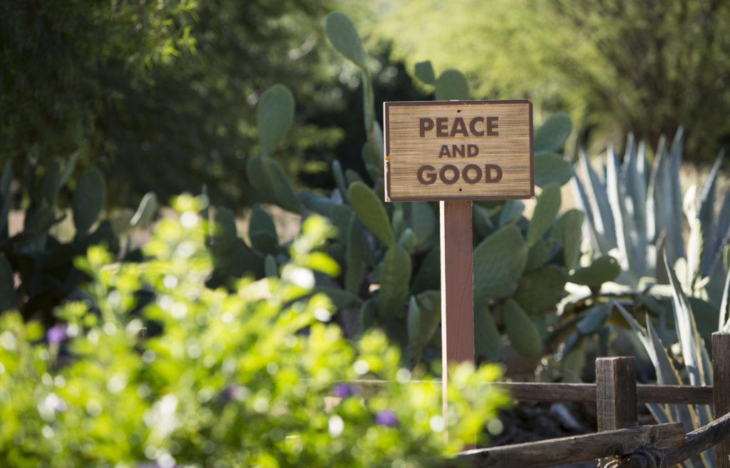 A sign greets visitors to the meditation garden at the Franciscan Renewal Center in Scottsdale, Ariz., in this October 2014 photo. Pope Francis' long-anticipated encyclical on the environment was released at the Vatican June 18. (CNS photo/Nancy Wiechec) 