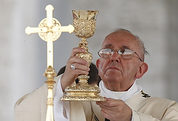 Pope Francis elevates the chalice during Mass outside the Basilica of St. John Lateran in observance of the feast of Corpus Christi in Rome June 4. (CNS photo/Paul Haring) 