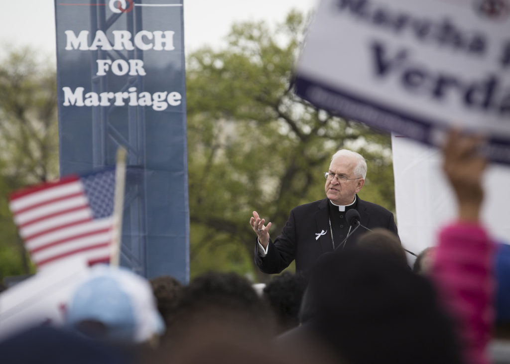 Archbishop Joseph E. Kurtz of Louisville, Ky., president of the U.S. Conference of Catholic Bishops, speaks at the March for Marriage near Capitol Hill in Washington April 25. The Supreme Court will hear cases April 28 for states to honor the constitutionality of same-sex marriage. (CNS photo/Tyler Orsburn) 