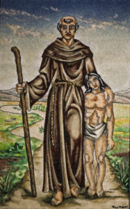Blessed Junipero Serra is depicted with a California Indian in a painting in early May at Mission San Fernando Rey de Espana in Mission Hills, Calif. (CNS photo/Nancy Wiechec)