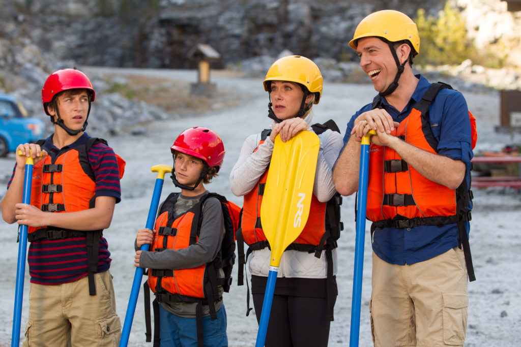 Skyler Gisondo, Steele Stebbins, Christina Applegate and Ed Helms star in a scene from the movie "Vacation." The Catholic News Service classification is O -- morally offensive. The Motion Picture Association of America rating is R -- restricted. Under 17 requires accompanying parent or adult guardian.(CNS photo/Warner Bros.) 