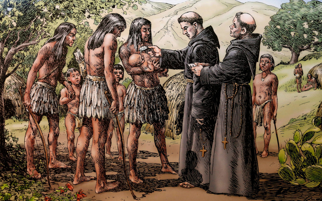 A baptism conducted by California mission friars is shown in a sketch displayed at the Mission Basilica San Diego de Alcala in San Diego July 27. This drawing is part of a collection of sketches depicting mission life by California artists A.B. Dodge and Alexander Harmer. (CNS photo/Nancy Wiechec) See SERRA-TIMELINE July 30, 2015.