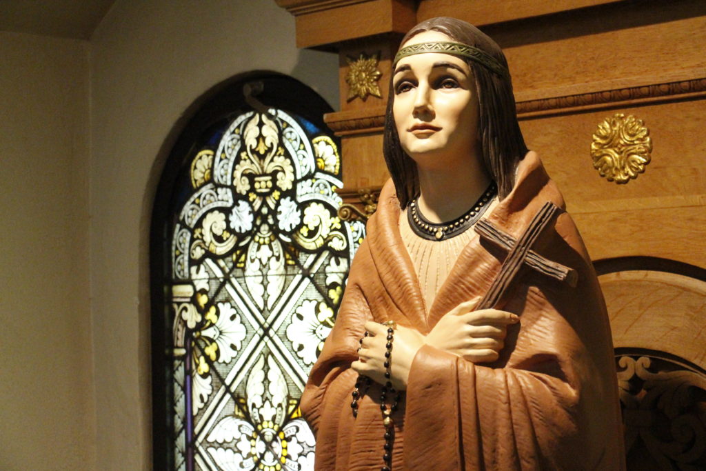 A St. Kateri statue at St. Mary's Basilica July 14 exactly one year after it was dedicated. (Ambria Hammel/CATHOLIC SUN)