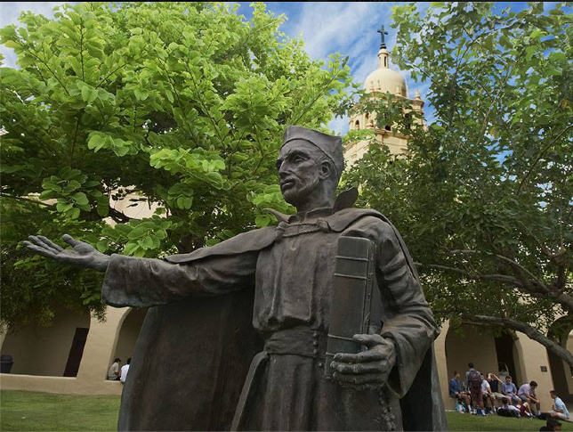 A statue of St. Ignatius of Loyola stands prominently within the Jesuit-run Brophy College Preparatory campus. (photo from Brophy's FB page)