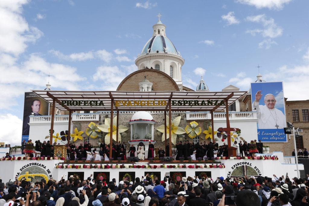 Pope Francis meets with clergy, religious men and women, and seminarians at the El Quinche National Marian Shrine in Quito, Ecuador, July 8. (CNS photo/Paul Haring) 