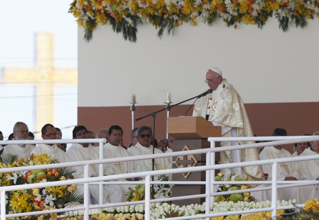 Pope Francis gives the homily while celebrating Mass in Los Samanes Park in Guayaquil, Ecuador, July 6. The pope is making an eight-day visit to Ecuador, Bolivia and Paraguay. (CNS photo/Paul Haring) 