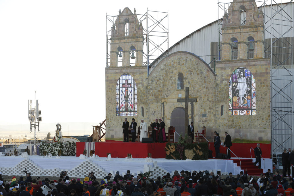 Pope Francis arrives at El Alto International Airport in La Paz, Bolivia, July 8.  The airport is more than 13,000 feet above sea level. (CNS photo/Paul Haring) 