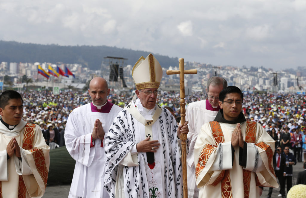 Pope Francis arrives to celebrate Mass in Bicentennial Park in Quito, Ecuador, July 7. The pope is making an eight-day visit to Ecuador, Bolivia and Paraguay. (CNS photo/Paul Haring) 