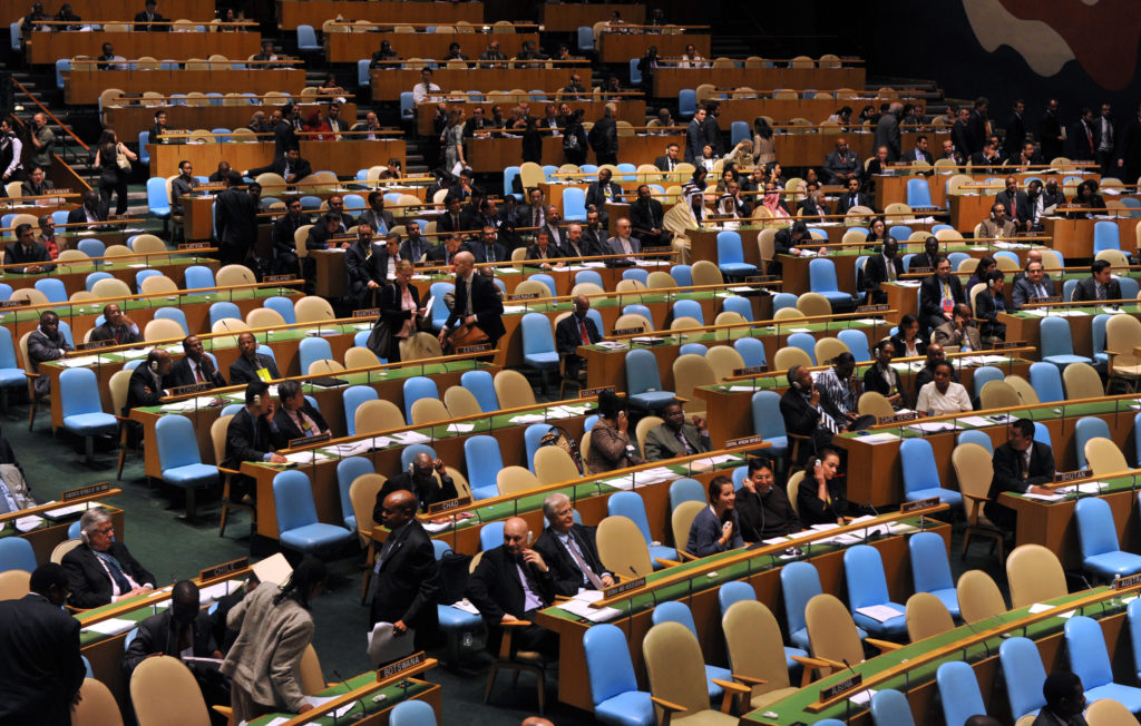 In this 2011 file photo, delegates leave the U.N. General Assembly chamber in New York City. The pope will address the U.S. Congress and the U.N. General Assembly during his September visit and will discuss the idea of one human family and shared responsibility for others and the world. (CNS photo/Jason Szenes, EPA)