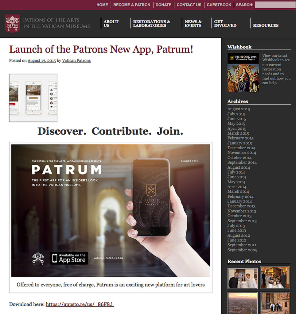 This screen grab was taken from www.vatican-patrons.org. "Patrum," the new app from the Patrons of the Arts in the Vatican Museums, launched in mid-August. (CNS) 