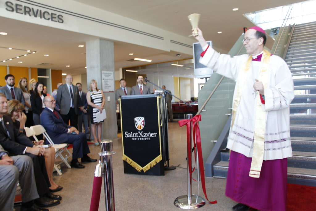 Bishop Olmsted blesses the new Saint Xavier campus in Gilbert. (Ambria Hammel/CATHOLIC SUN)