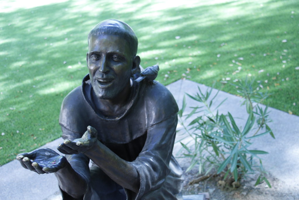 A statue of St. Francis sits in the open plaza between St. Mary's Basilica and the Diocesan Pastoral Center in Phoenix. (Catholic Sun)