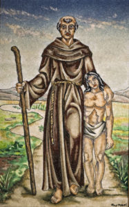 Blessed Junípero Serra is depicted with a California Indian in a painting in early May at Mission San Fernando Rey de Espana in Mission Hills, Calif. (CNS photo/Nancy Wiechec)
