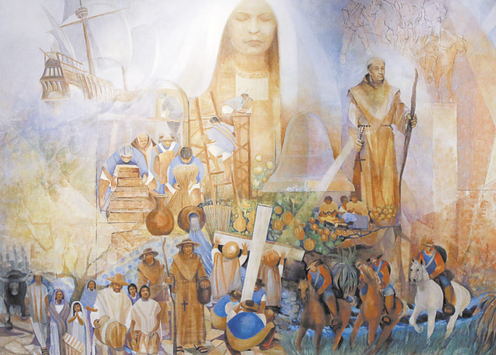 A mural by Frank A. Martinez greets people entering the Cathedral of Our Lady of the Angels in Los Angeles, Calif. The rendering depicts figures from early 18th-century California, including Blessed Junipero Serra (right) and native people building the missions and harvesting crops. The central figure at top is Mary. (CNS photo/Nancy Wiechec)