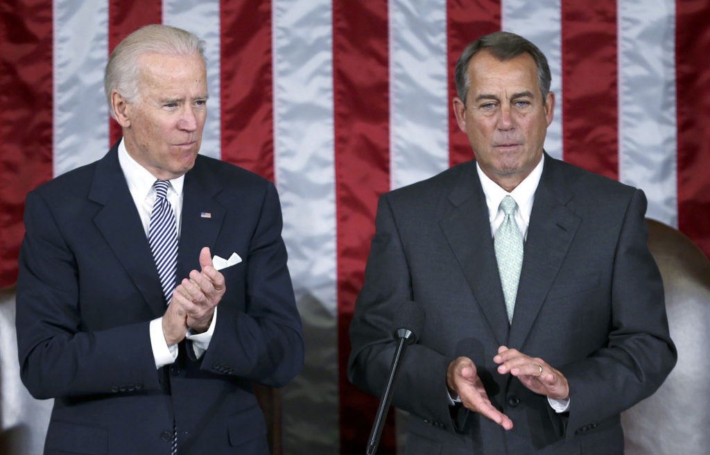 Vice President Joe Biden and House Speaker John Boehner (both Catholic) are pictured in 2013 during a joint meeting of Congress. Pope Francis is scheduled to address Congress Sept. 24 and observers think he will hold up their work as important, but challenge them to see the need to more consistently uphold life in care for the poor, the unborn and the undocumented. (Gary Cameron/CNS photo via Reuters)
