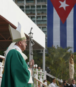 Cuba's flag is seen as Pope Francis to celebrate Mass in Revolution Square in Havana Sept. 20. (CNS photo/Paul Haring)