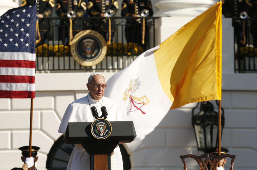 Pope Francis speaks during a ceremony with U.S. President Barack Obama on the South Lawn of the White House in Washington Sept. 23. (CNS photo/Paul Haring)