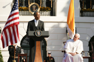 U.S. President Barack Obama speaks during a South Lawn ceremony welcoming Pope Francis to the White House in Washington Sept. 23. (CNS photo/Paul Haring)