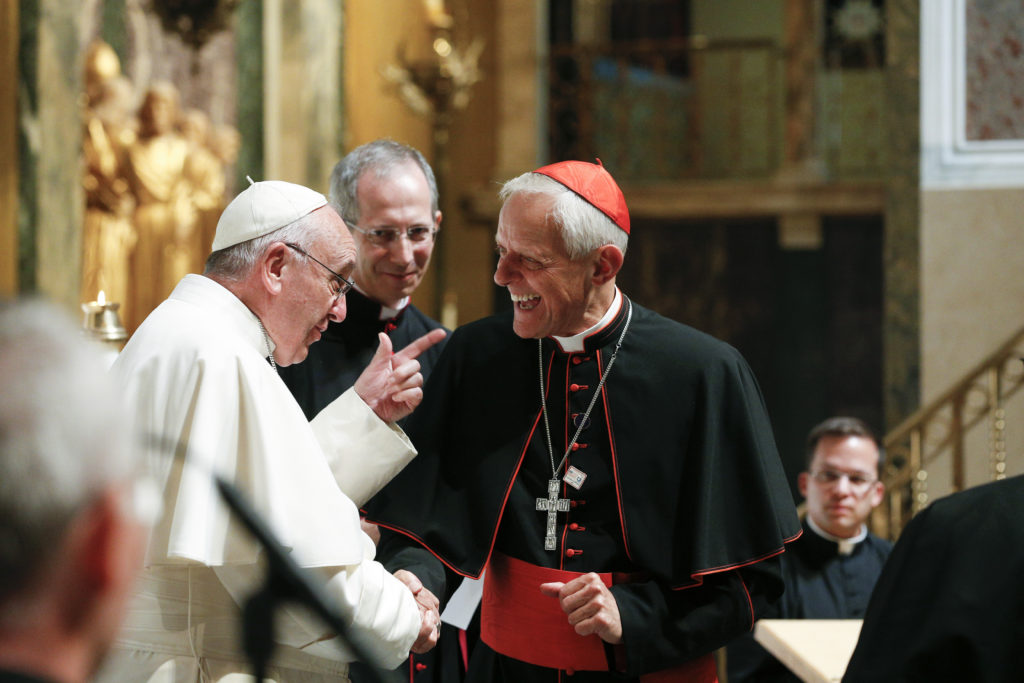 Pope Francis greets Washington Cardinal Donald W. Wuerl of Washington as the pope meets with U.S. bishops in the Cathedral of St. Matthew the Apostle in Washington Sept. 23. (CNS photo/Paul Haring) See POPE-US-BISHOPS Sept. 23, 2015.