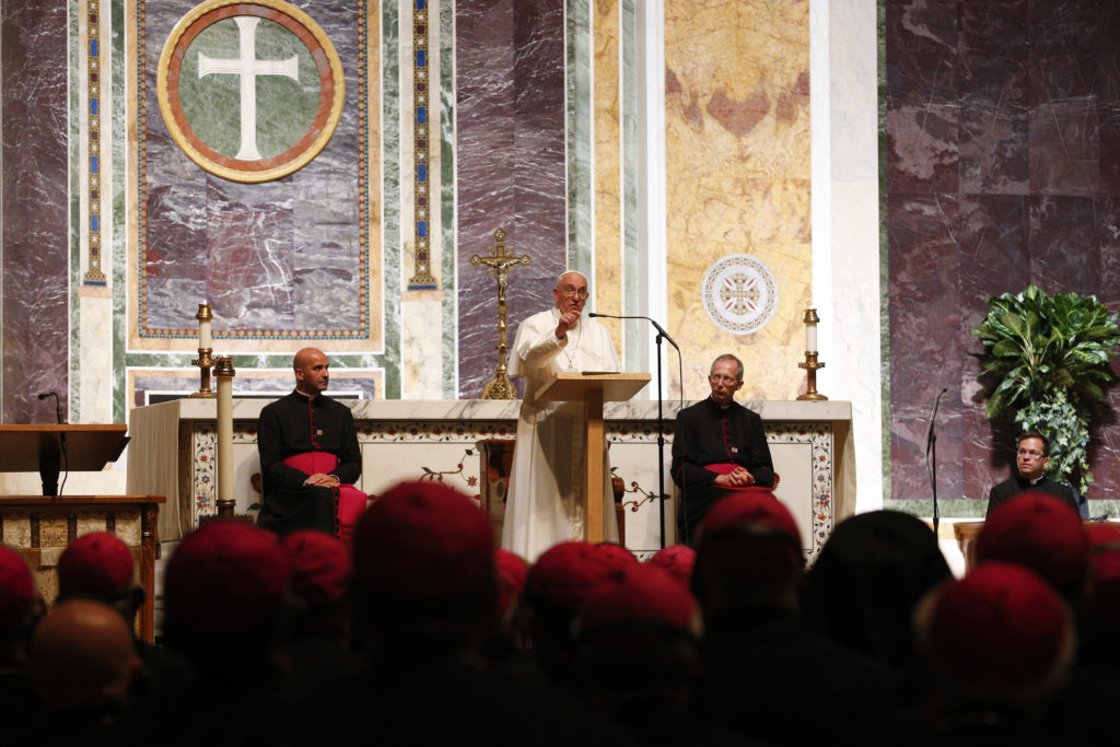 Pope Francis addresses U.S. bishops during a meeting at the Cathedral of St. Matthew the Apostle in Washington Sept. 23. (CNS photo/Paul Haring)
