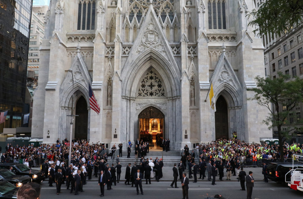 Pope Francis arrives at St. Patrick's Cathedral in New York City for an evening prayer service Sept. 24. (CNS photo/Gregory A. Shemitz)