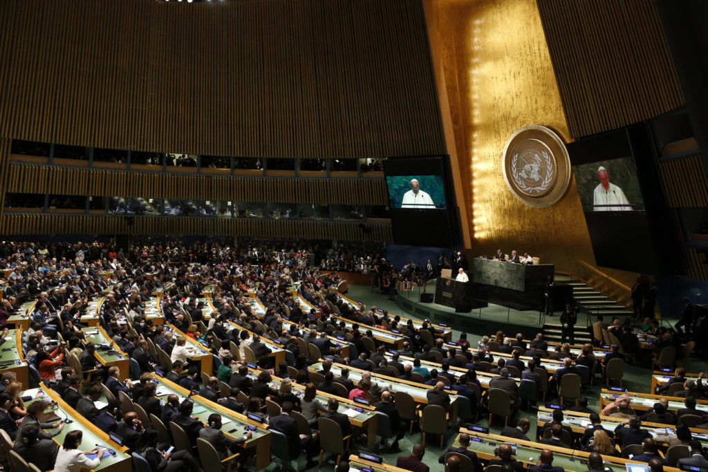 Pope Francis addresses the general assembly of the United Nations in New York Sept. 25. (CNS photo/Paul Haring)