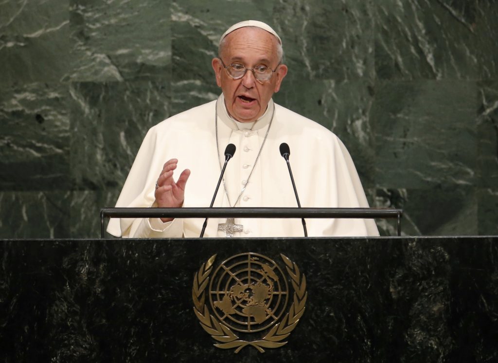 Pope Francis addresses the General Assembly of the United Nations in New York Sept. 25. (CNS photo//Mike Segar, Reuters)