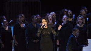 Gloria Estefan performs before the start of a Mass celebrated by Pope Francis Sept. 25 at Madison Square Garden in New York. (CNS photo/Mike Crupi)