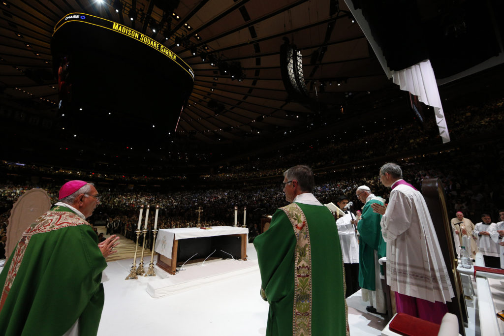 Pope Francis celebrates Mass with a full house at Madison Square Garden in New York Sept. 25. (CNS photo/Paul Haring)