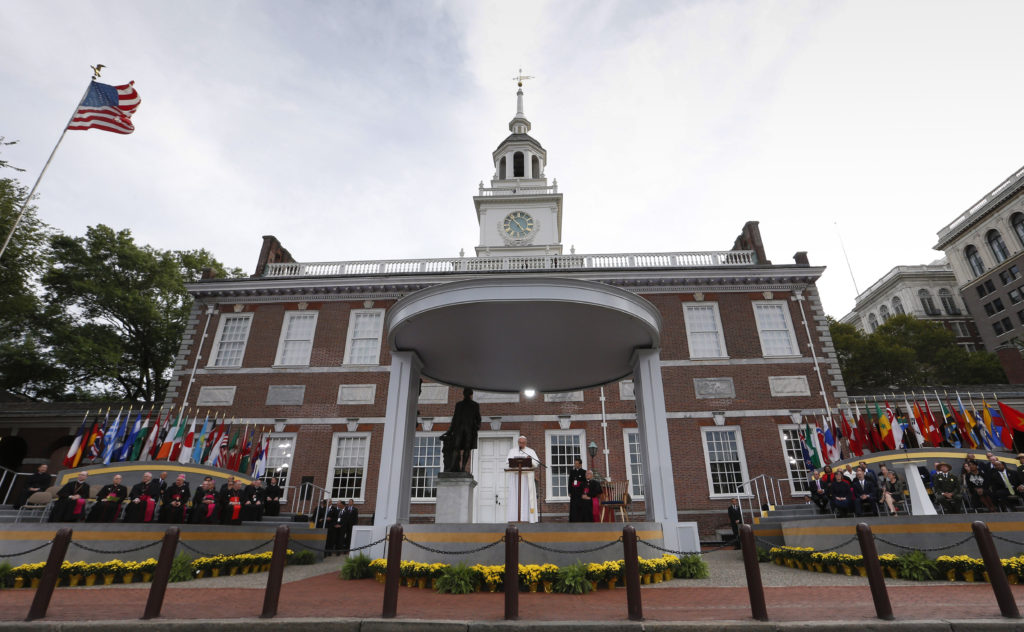 Pope Francis delivers an address from Independence Hall in Philadelphia Sept. 26. (CNS photo/Paul Haring)
