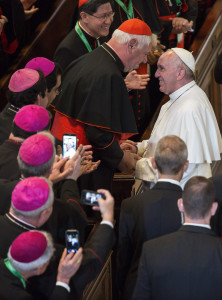 Pope Francis greets a cardinal as he meets with church leaders at St. Charles Borromeo Seminary in Wynnewood, Pa., Sept. 27. (CNS photo/Joshua Roberts)