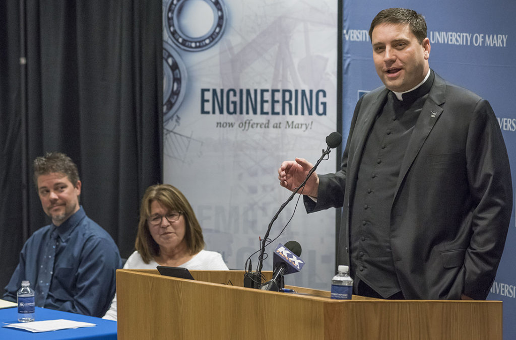 Msgr. James Shea, president of the University of Mary, announces a new degree and partnership with the University of North Dakota to create more qualified candidates to fill local engineering jobs. (courtesy photo)