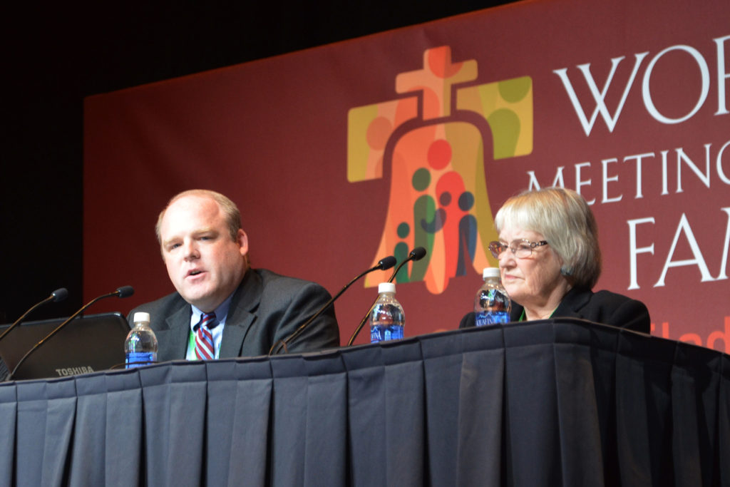 Ron Belgau and his mother, Beverley Belgau, speak at the World Meeting of Families in Philadelphia Sept. 24. Belgau and his mother described what it was like for them dealing with Ron's same-sex attraction. (CNS photo/Madi Alexander, Religion News Service)