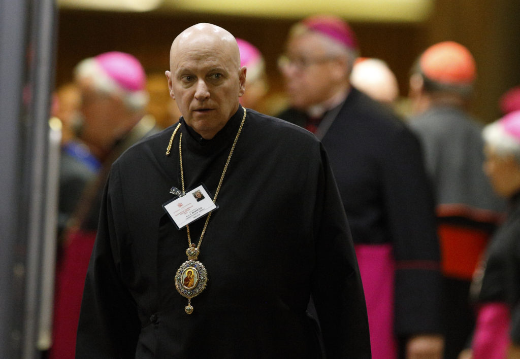 Bishop Kurt R. Burnette of the Byzantine Eparchy of Passaic, N.J., leaves the final session of the Synod of Bishops on the family at the Vatican Oct. 24. (CNS photo/Paul Haring)