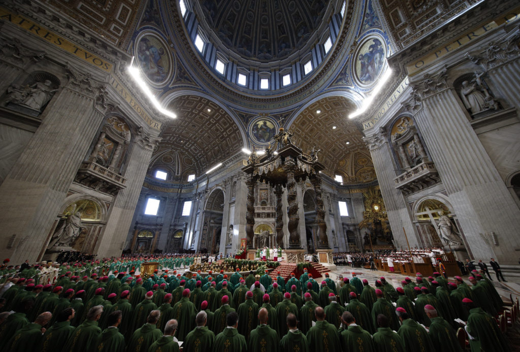 Pope Francis celebrates the closing Mass of the Synod of Bishops on the family in St. Peter's Basilica at the Vatican Oct. 25. (CNS photo/Paul Haring)