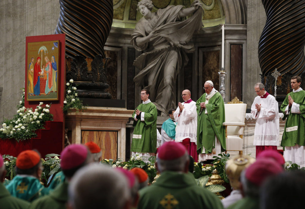 Pope Francis celebrates the closing Mass of the Synod of Bishops on the family in St. Peter's Basilica at the Vatican Oct. 25. (CNS photo/Paul Haring)
