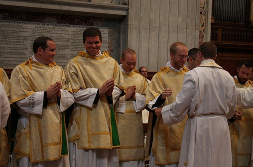 Dcn. Dan Connealy, second from left, rejoices with fellow seminarians from across the U.S., Canada and Australia following their ordination to the diaconate in Rome Oct. 1. (photo courtesy of Daniel Hart/PNAC Photo Service)