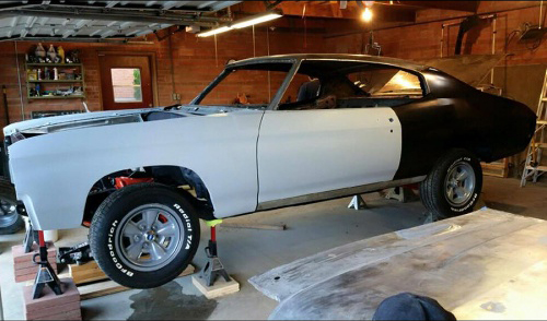 The 1972 Chevy Chevelle SS being raffled off to support the Diocese of Gallup's vocations office in the Sacred Heart Cathedral garage, taken on Oct. 10. (Photo courtesy of V8s for Vocations, Diocese of Gallup)