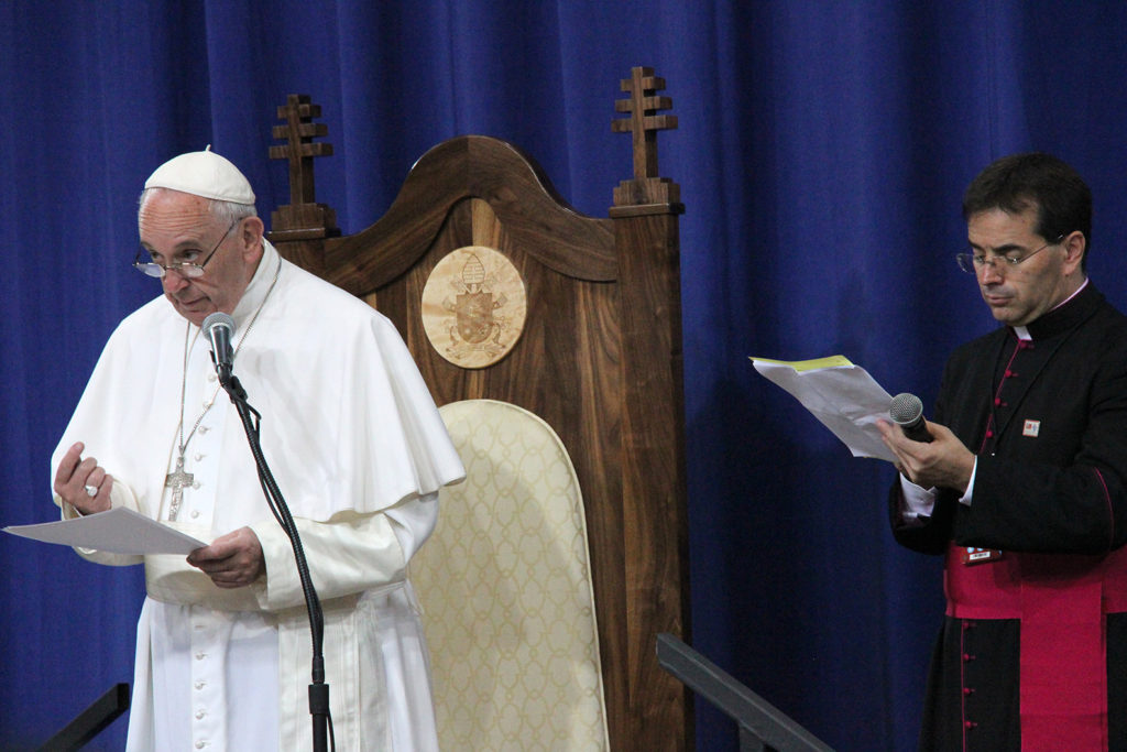 Pope Francis addresses prisoners and correctional officers at the Curran-Fromhold Correctional Facility in Philadelphia Sept. 27. Behind him is his interpreter Msgr. Mark Miles. (Justin Bell/CATHOLIC SUN)