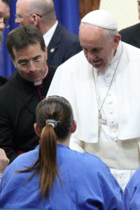 Pope Francis greets inmate Stacie Sickel. “I bless you and your children,” she recalled the Holy Father telling her. “That right there, just brought tears to my eyes, just for him to touch me, period.” (Justin Bell/CATHOLIC SUN)