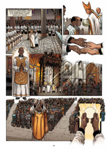 These are illustrations from the graphic book "Father Augustus Tolton: The First Recognized Black Catholic Priest in America." Born into slavery, he fled with his mom and siblings through the woods of northern Missouri and across the Mississippi while being pursued by soldiers. (CNS photo/Liturgy Training Publications and Editions du Signe) 
