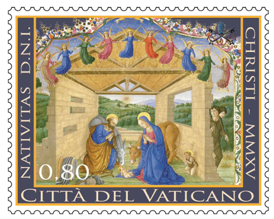 The Vatican's 2015 Christmas stamps feature a manuscript illumination of the Holy Family by an unknown artist from the 15th century. The image is from the Codices Urbinates Latini 239 (1477-1478) at the Vatican Library. (CNS photo/courtesy Vatican Philatelic and Numismatic Office)  