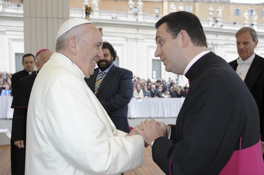 Msgr. Steven J. Lopes greets Pope Francis. The Holy Father appointed Msgr. Lopes to be the bishop of the Ordinariate of the Chair of St. Peter, making him the first bishop of any of the three Anglican ordinariates in the world. (Photo courtesy of the Ordinariate of the Chair of St. Peter)