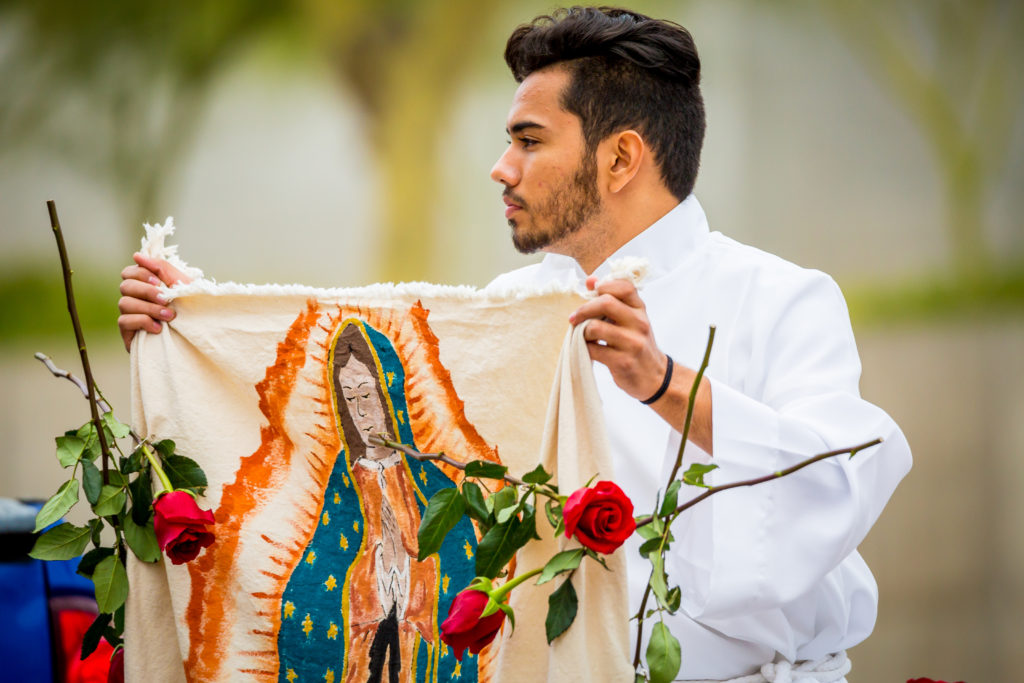 Local parishioner Juan Pablo Morales is dressed as St. Juan Diego at last year's "Honor Your Mother" event in downtown Phoenix. (Billy Hardiman/CATHOLIC SUN file photo)
