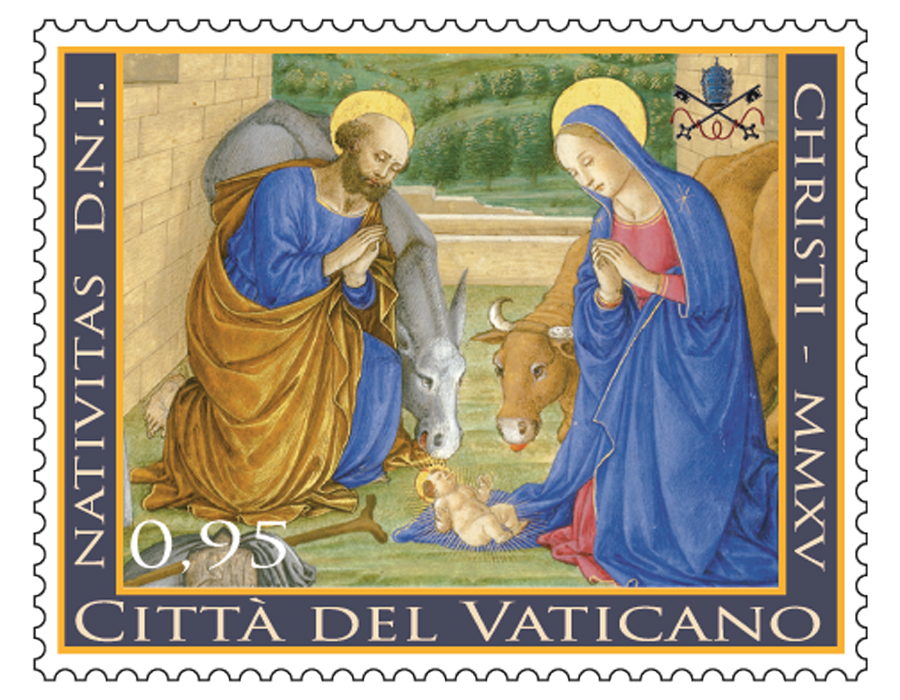 The Vatican's 2015 Christmas stamps feature a manuscript illumination of the Holy Family by an unknown artist from the 15th century. The image is from the Codices Urbinates Latini 239 (1477-1478) at the Vatican Library. (CNS photo/courtesy Vatican Philatelic and Numismatic Office)