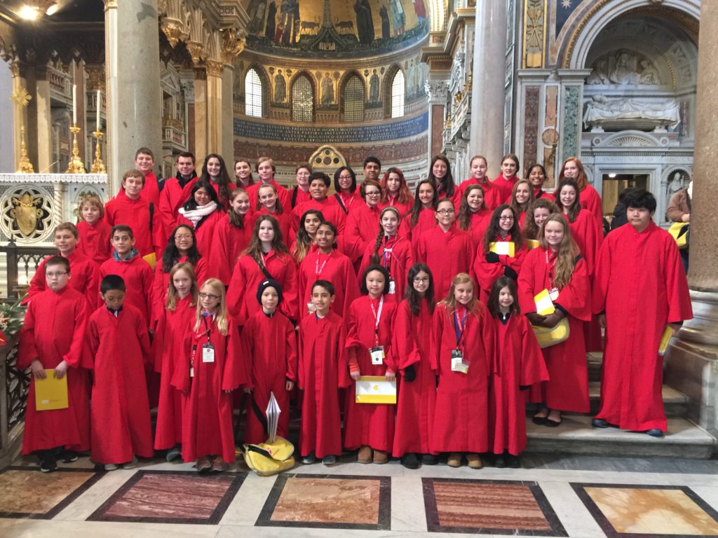 The three combined youth choirs — 46 voices strong — stand inside St. Peter's Basilica in Rome Jan. 1. The group traveled from St. Bernard of Clairvaux in Scottsdale. (courtesy photo)