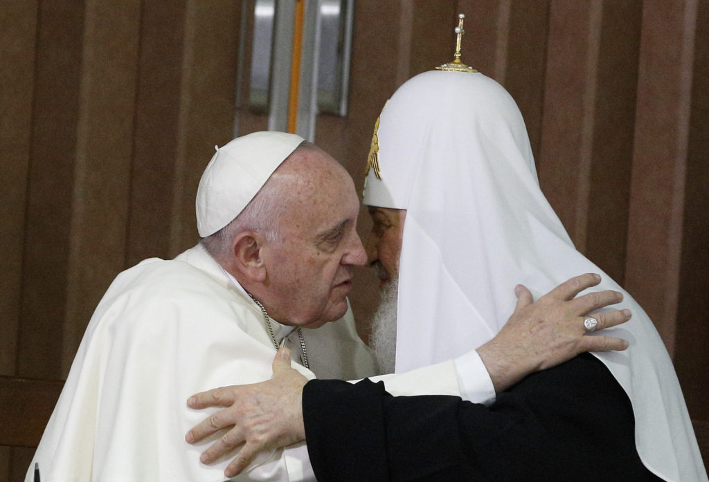 Pope Francis and Russian Orthodox Patriarch Kirill of Moscow embrace after signing a joint declaration during a meeting at Jose Marti International Airport in Havana Feb. 12. (CNS photo/Paul Haring)