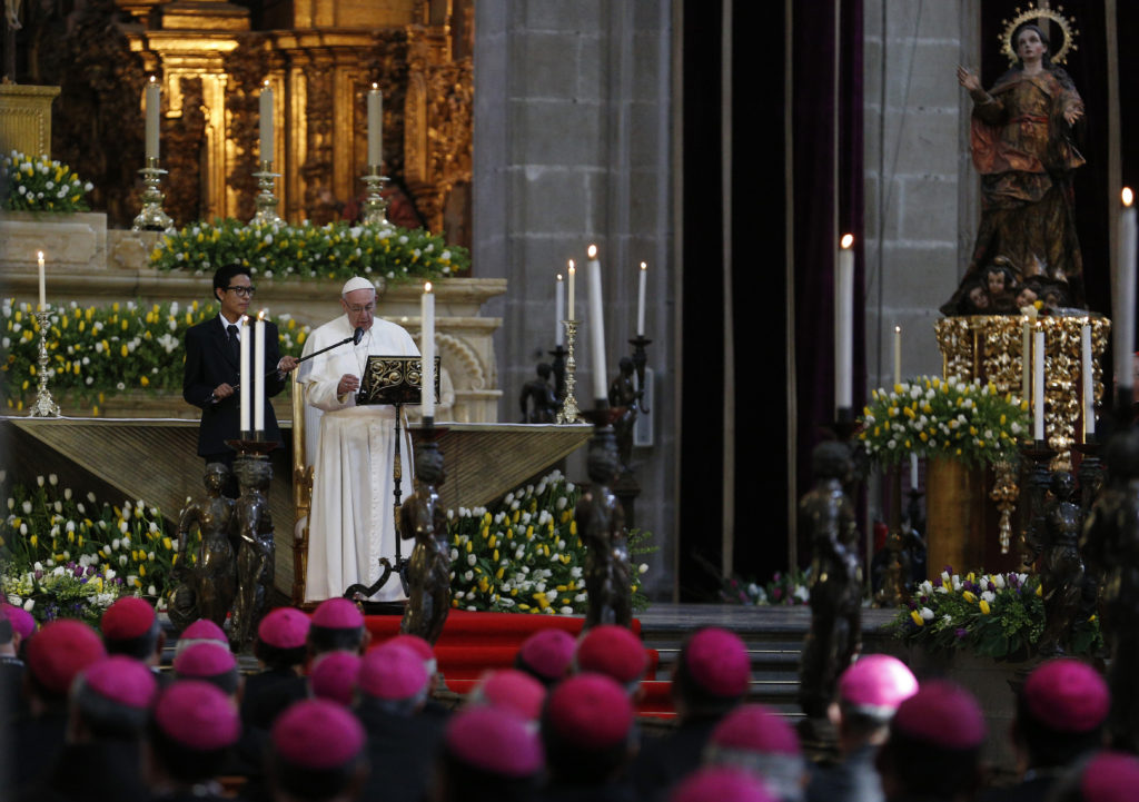 Pope Francis addresses Mexico's bishops in the cathedral in Mexico City Feb. 13. (CNS photo/Paul Haring)