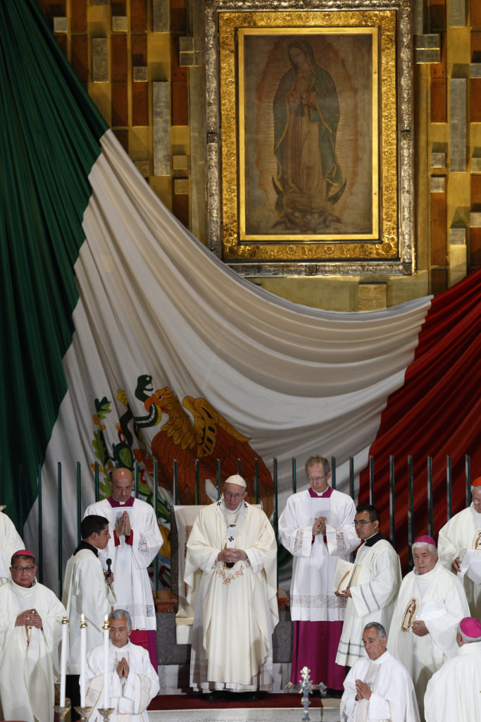 The original image of Our Lady of Guadalupe is seen as Pope Francis celebrates Mass in the Basilica of Our Lady of Guadalupe in Mexico City Feb. 13. (CNS photo/Paul Haring)